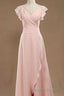 Blush Pink V Neck Ruffled Long Bridesmaid Dresses