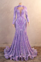 High Neck Long Sleeve Sweep Train Zipper Mermaid Prom Dresses