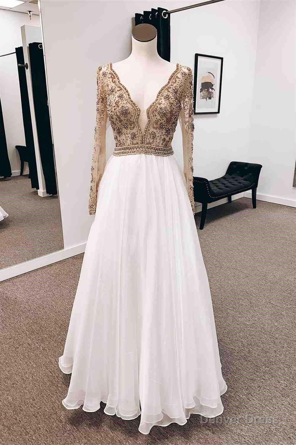 Champagne A-line V Neck Long Sleeves Chiffon Long Prom Dress Main image