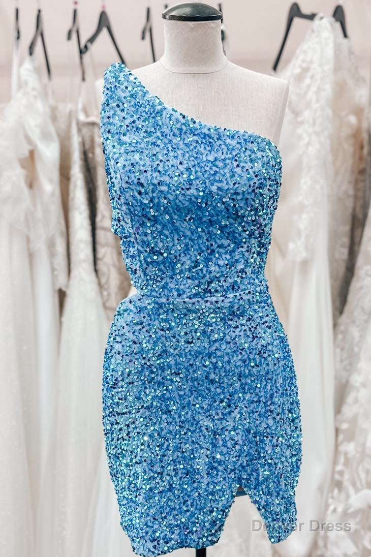 Sky Blue One Shoulder Sequins Sheath Cut-Out Homecoming Dress Secondary image