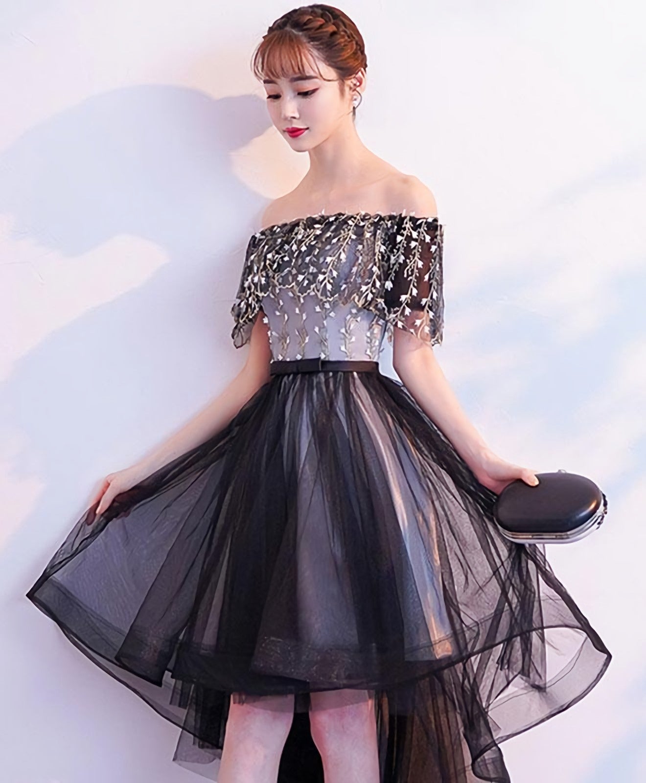 Black Tulle Lace Short Prom Dress, Black Tulle Homecoming Dresses