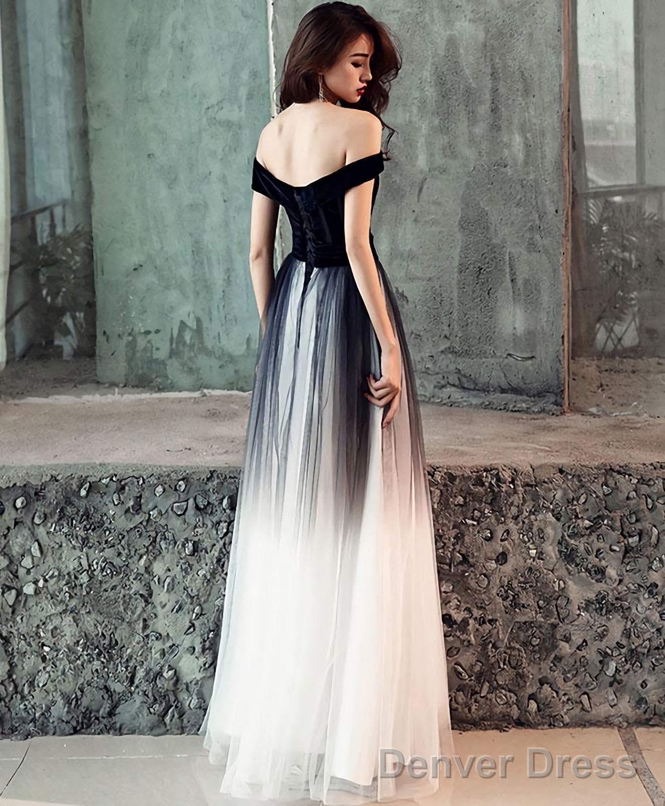 Simple Tulle Off Shoulder Black Long Prom Dress Black Tulle Prom Dresses