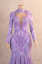 High Neck Long Sleeve Sweep Train Zipper Mermaid Prom Dresses