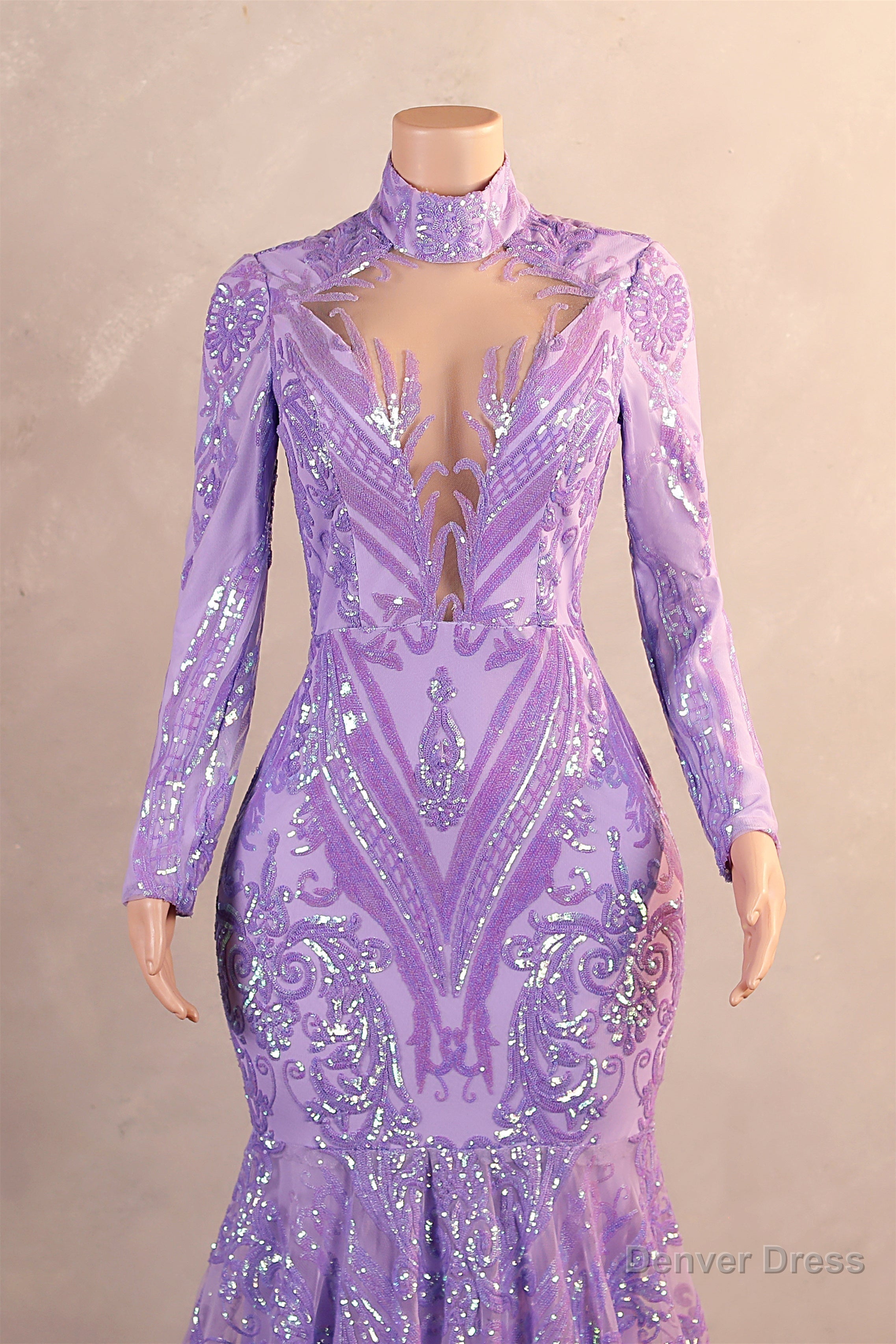 High Neck Long Sleeve Sweep Train Zipper Mermaid Prom Dresses