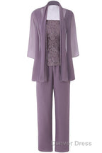 Three Piece Mauve Square Neck Mother of the Bride Pant Suits