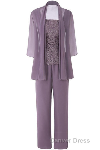 Three Piece Mauve Square Neck Mother of the Bride Pant Suits