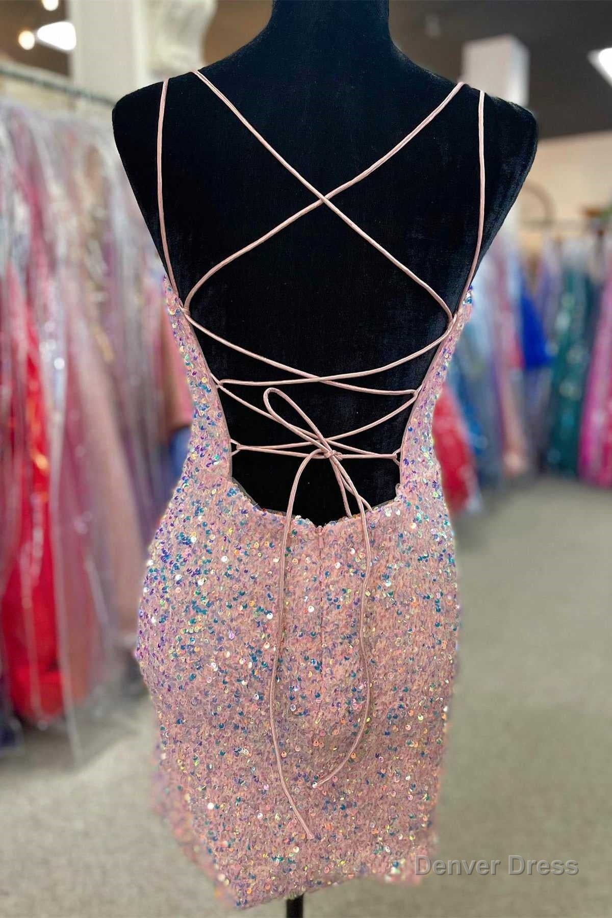 Sequin V Neck Lace Up Bodycon Mini Homecoming Dresses