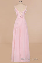 Pink Ruffle Lace Up A Line Long Bridesmaid Dresses