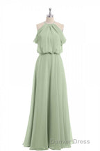 Sage Green Chiffon Halter Blouson Style Long Bridesmaid Dresses