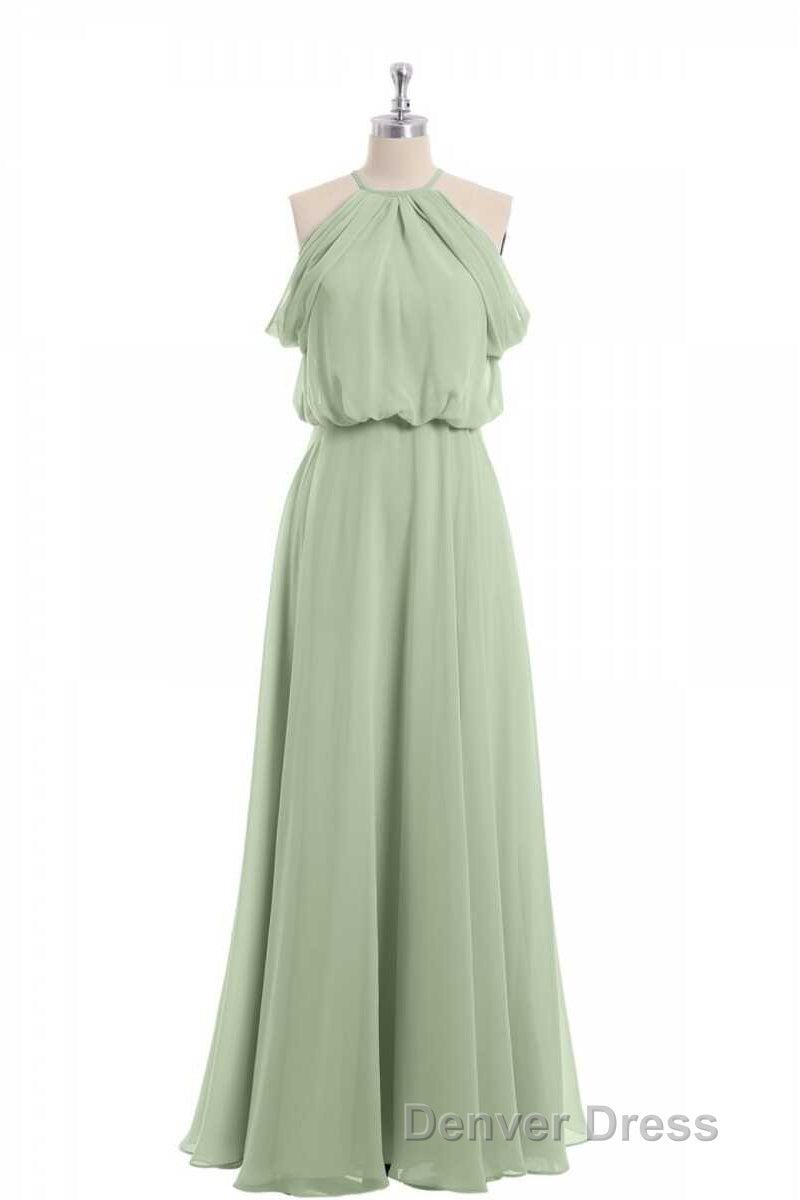 Sage Green Chiffon Halter Blouson Style Long Bridesmaid Dresses