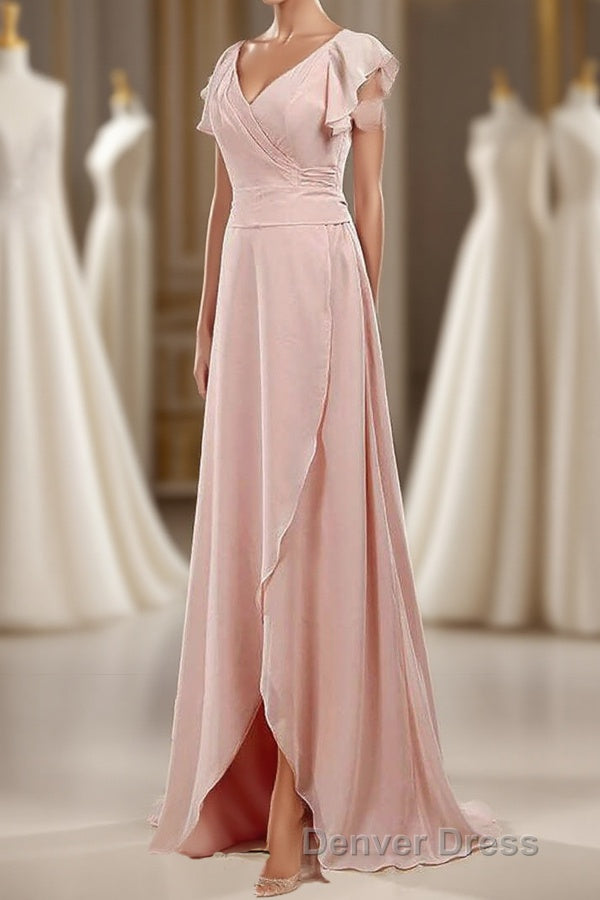 Blush Pink V Neck Ruffled Long Bridesmaid Dresses Main image