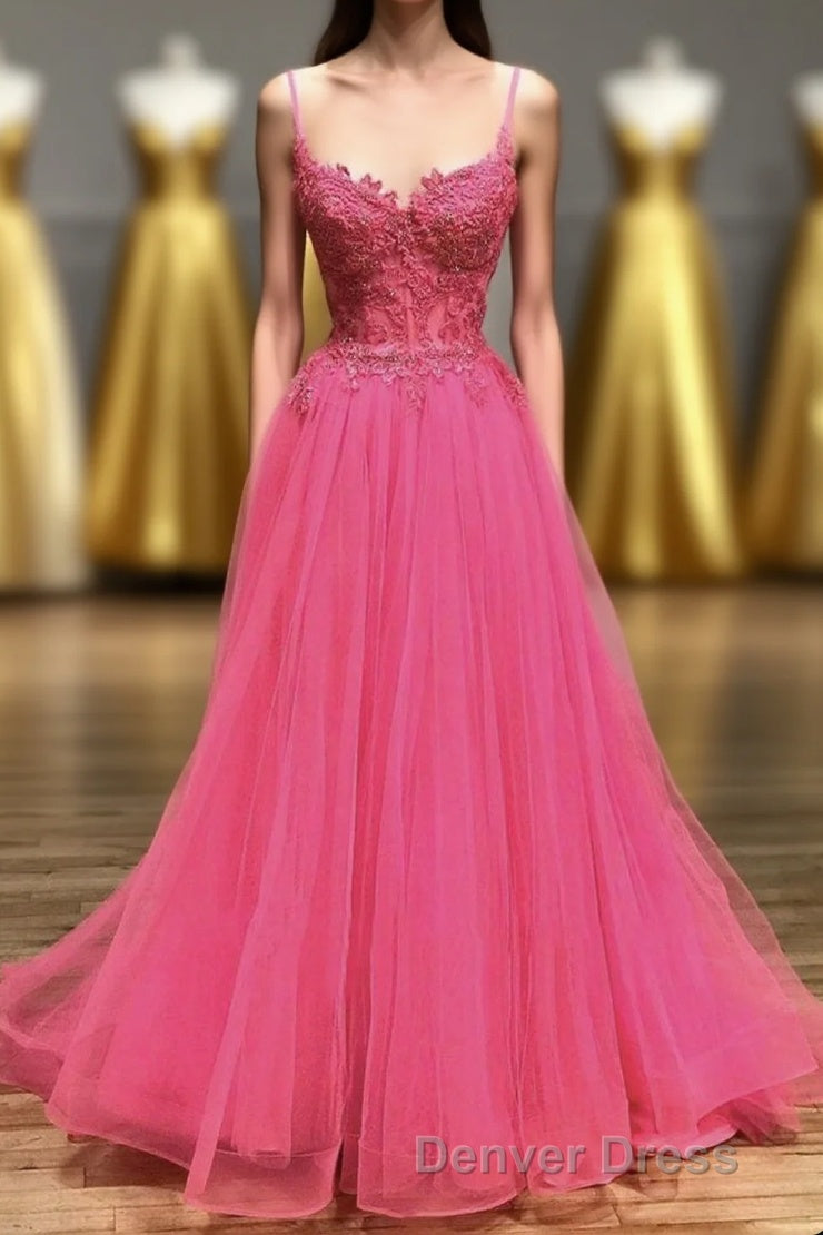 Hot Pink Floral Spaghetti Straps A-line Long Prom Dresses