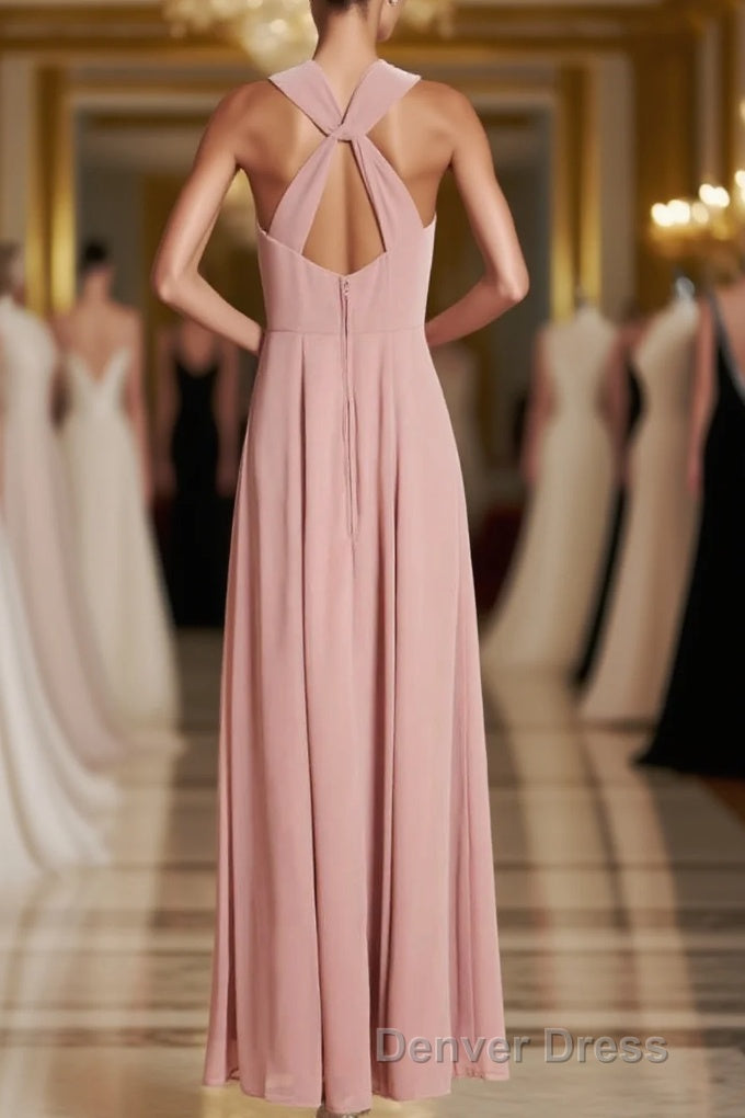 Dusty Pink Twist-Front Backless Long Formal Dresses Main image