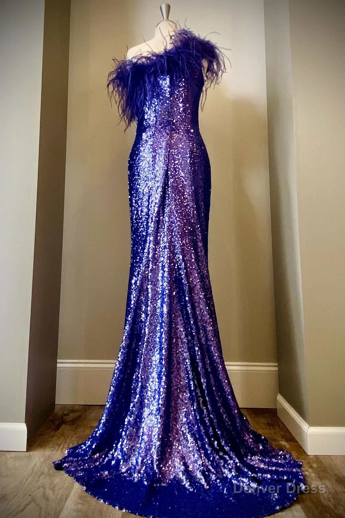 Purple Sequin Feather One-Shoulder Long Formal Dress with Slit Main image