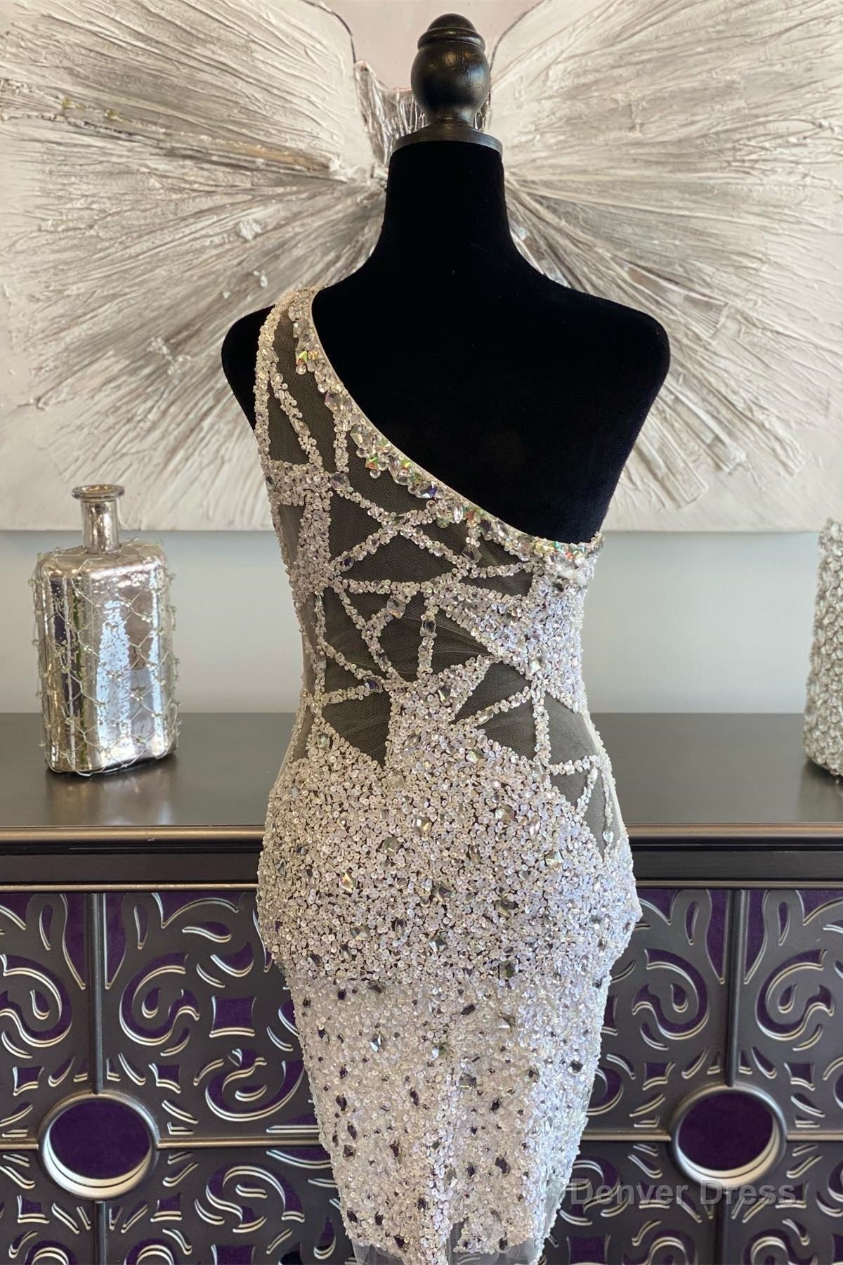 White One Shoulder Beaded Sheath Homecoming Dresses with Wing Secondary image