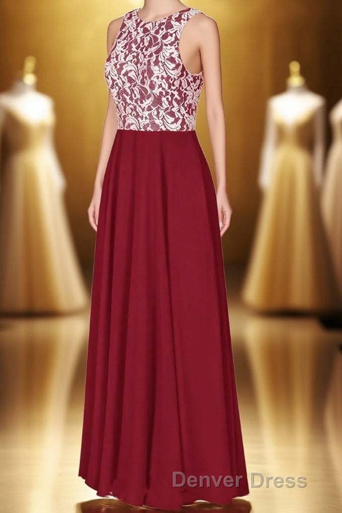 Red Print Sleeveless A Line Long Bridesmaid Dresses