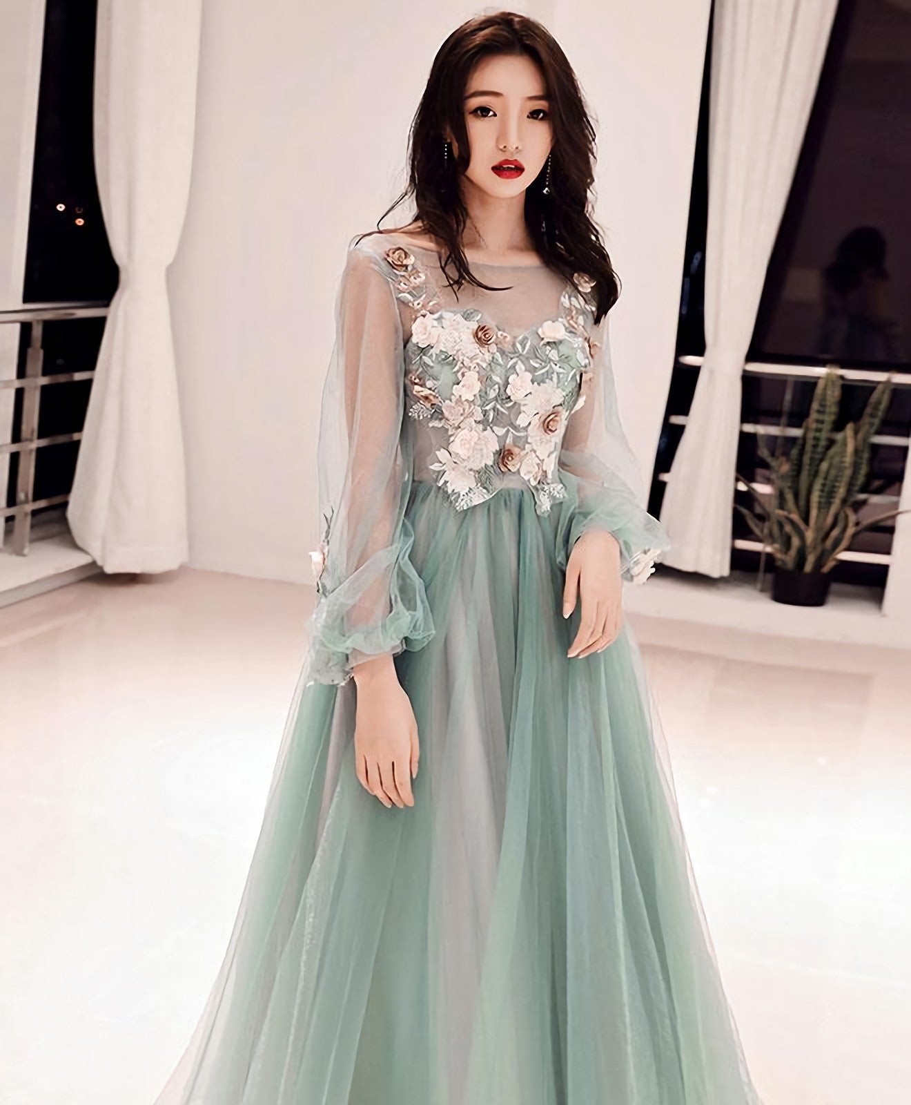 Green Tulle Lace Applique Long Prom Dress Green Prom Dresses 1