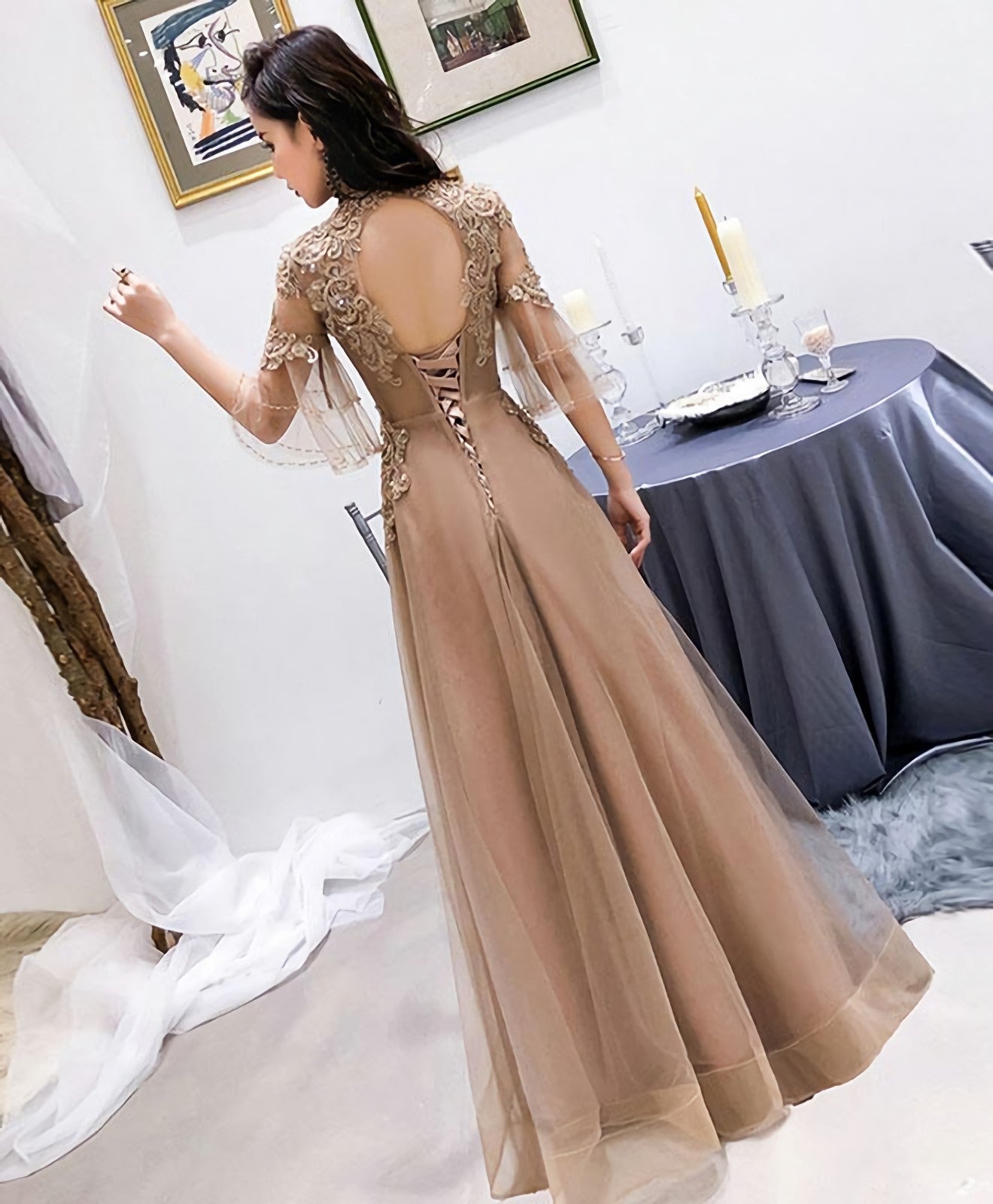 Champagne High Neck Tulle Lace Long Prom Dress Champagne Prom Dresses