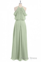 Sage Green Chiffon Halter Blouson Style Long Bridesmaid Dresses