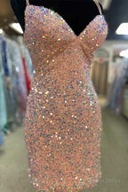 Sequin V Neck Lace Up Bodycon Mini Homecoming Dresses