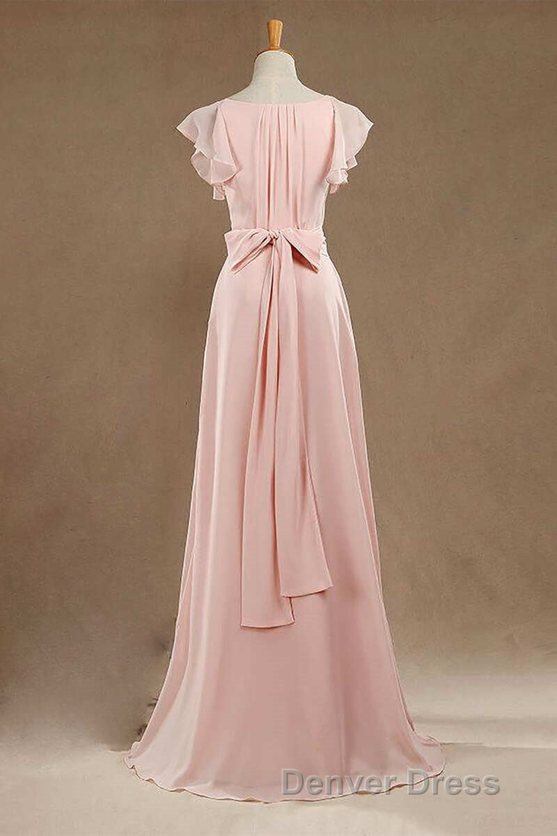 Blush Pink V Neck Ruffled Long Bridesmaid Dresses