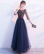 Dark Blue Tulle Lace Long Prom Dress Blue Prom Dresses