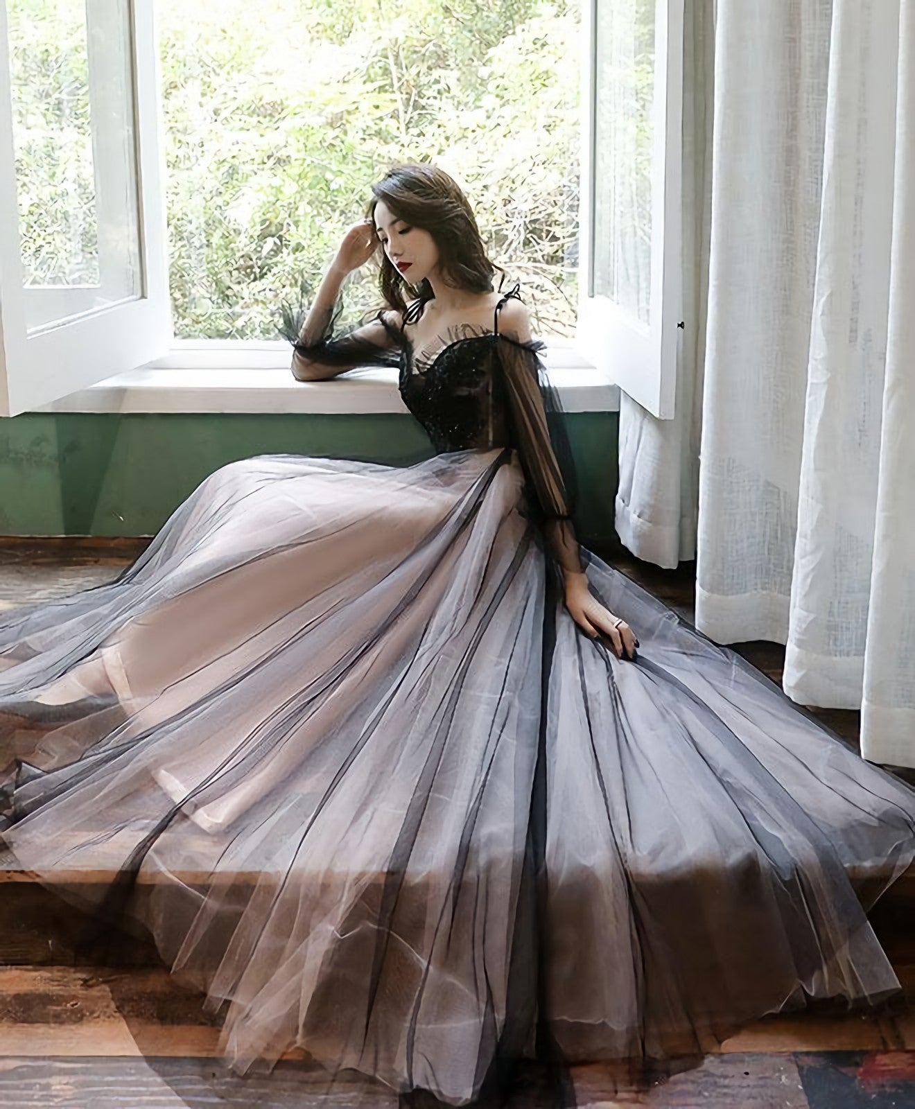 Black Tulle A Line Lace Long Prom Dress, Tulle Lace Prom Dresses