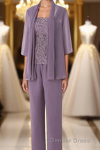 Three Piece Mauve Square Neck Mother of the Bride Pant Suits