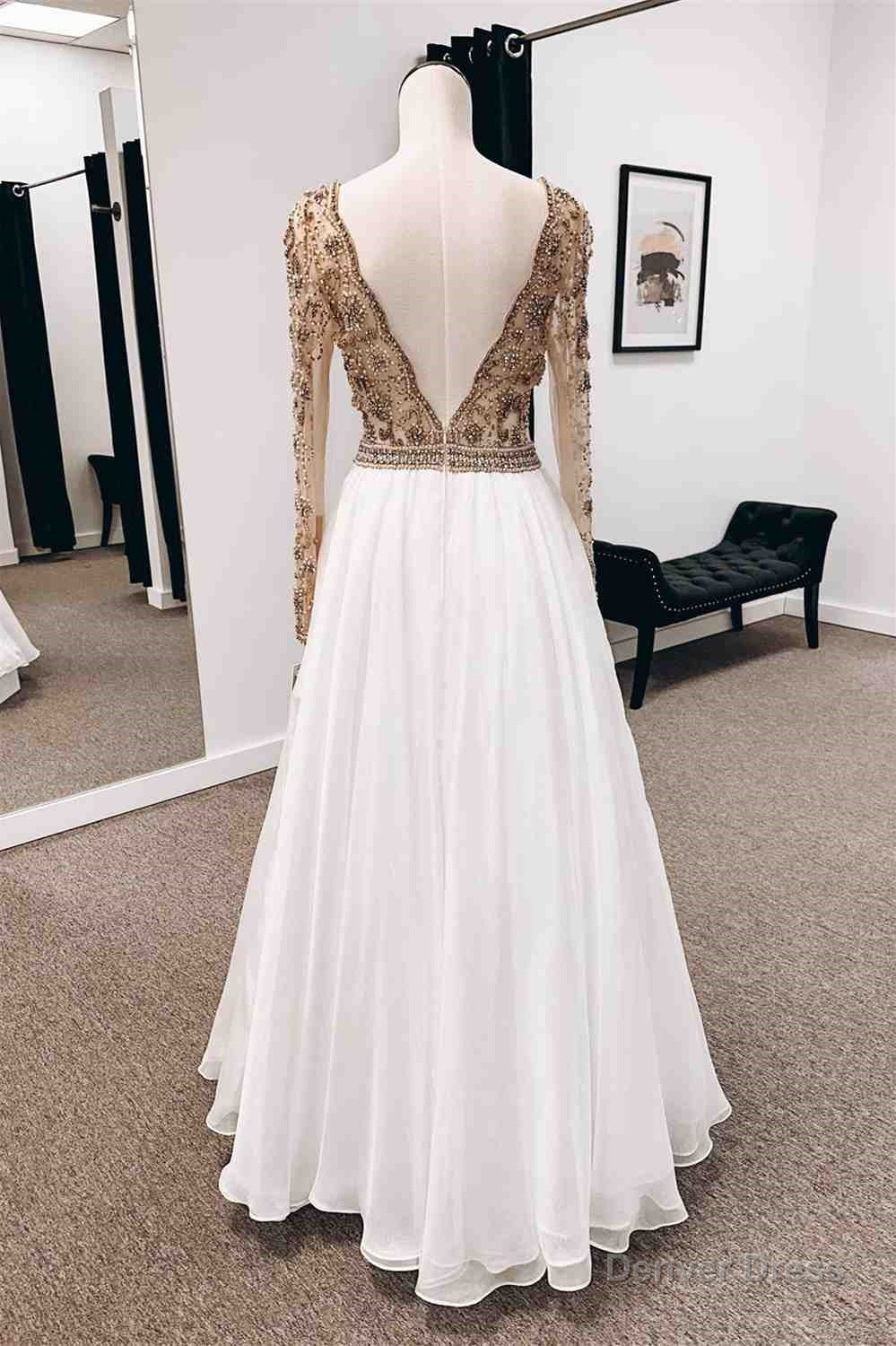 Champagne A-line V Neck Long Sleeves Chiffon Long Prom Dress Secondary image