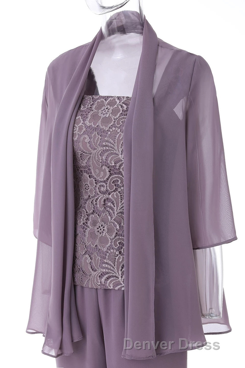 Three Piece Mauve Square Neck Mother of the Bride Pant Suits
