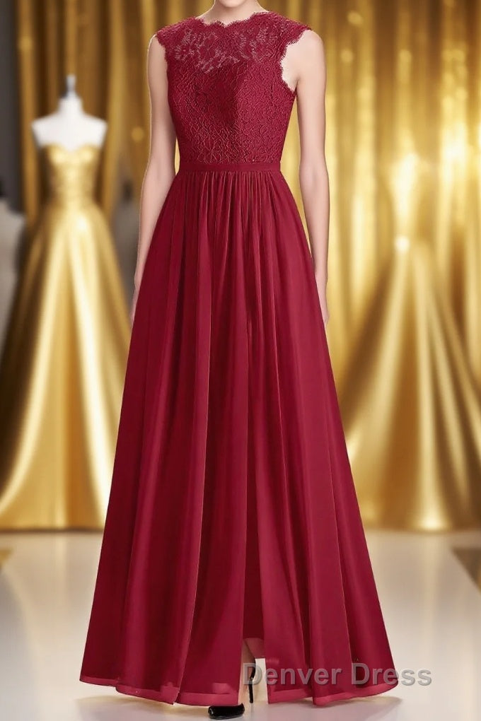 Red Lace Cap Sleeve A Line Long Bridesmaid Dresses Main image