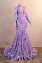 High Neck Long Sleeve Sweep Train Zipper Mermaid Prom Dresses