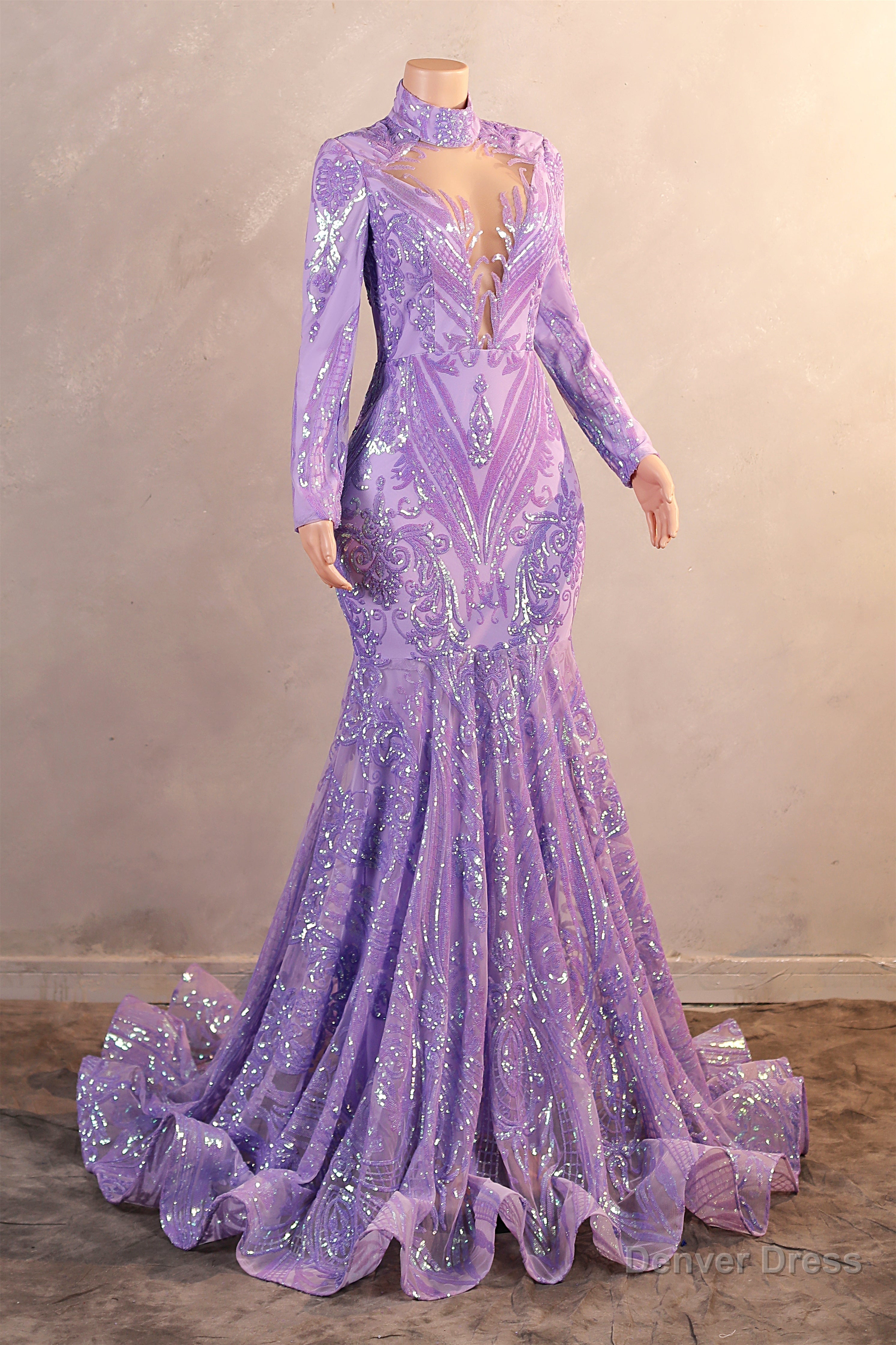 High Neck Long Sleeve Sweep Train Zipper Mermaid Prom Dresses