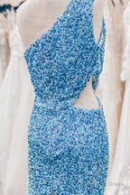 Sky Blue One Shoulder Sequins Sheath Cut Out Homecoming Dresses