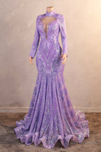 High Neck Long Sleeve Sweep Train Zipper Mermaid Prom Dresses