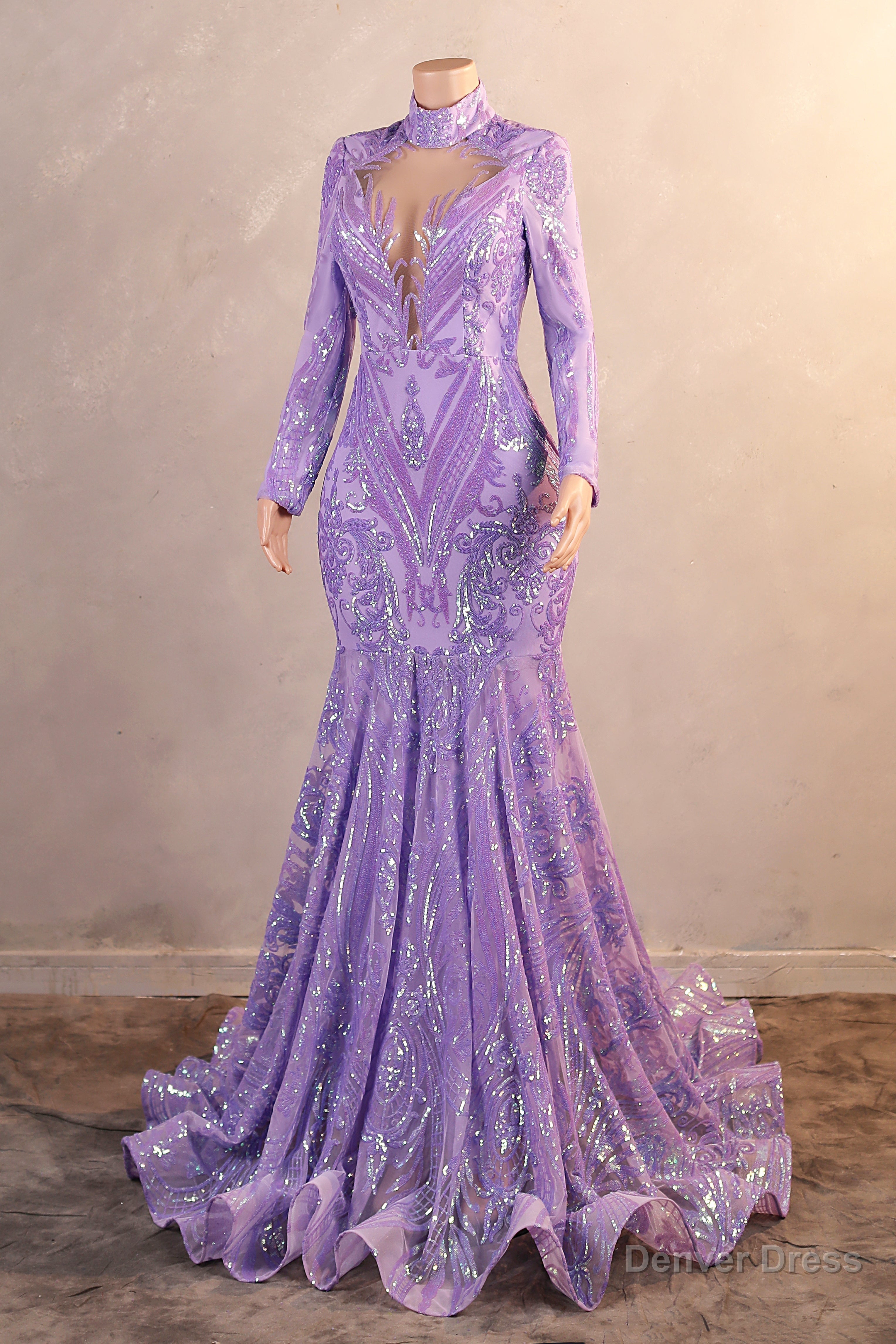 High Neck Long Sleeve Sweep Train Zipper Mermaid Prom Dresses