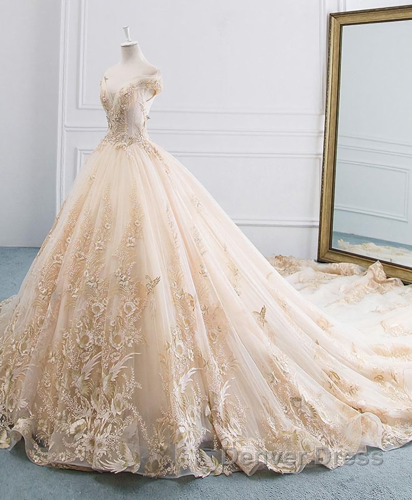 Unique Champagne Tulle Lace Long Wedding Dresses, Bridal Gown
