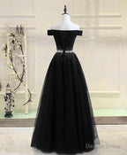 Black Tulle Sequin Long Prom Dress, Black Tulle Prom Dresses