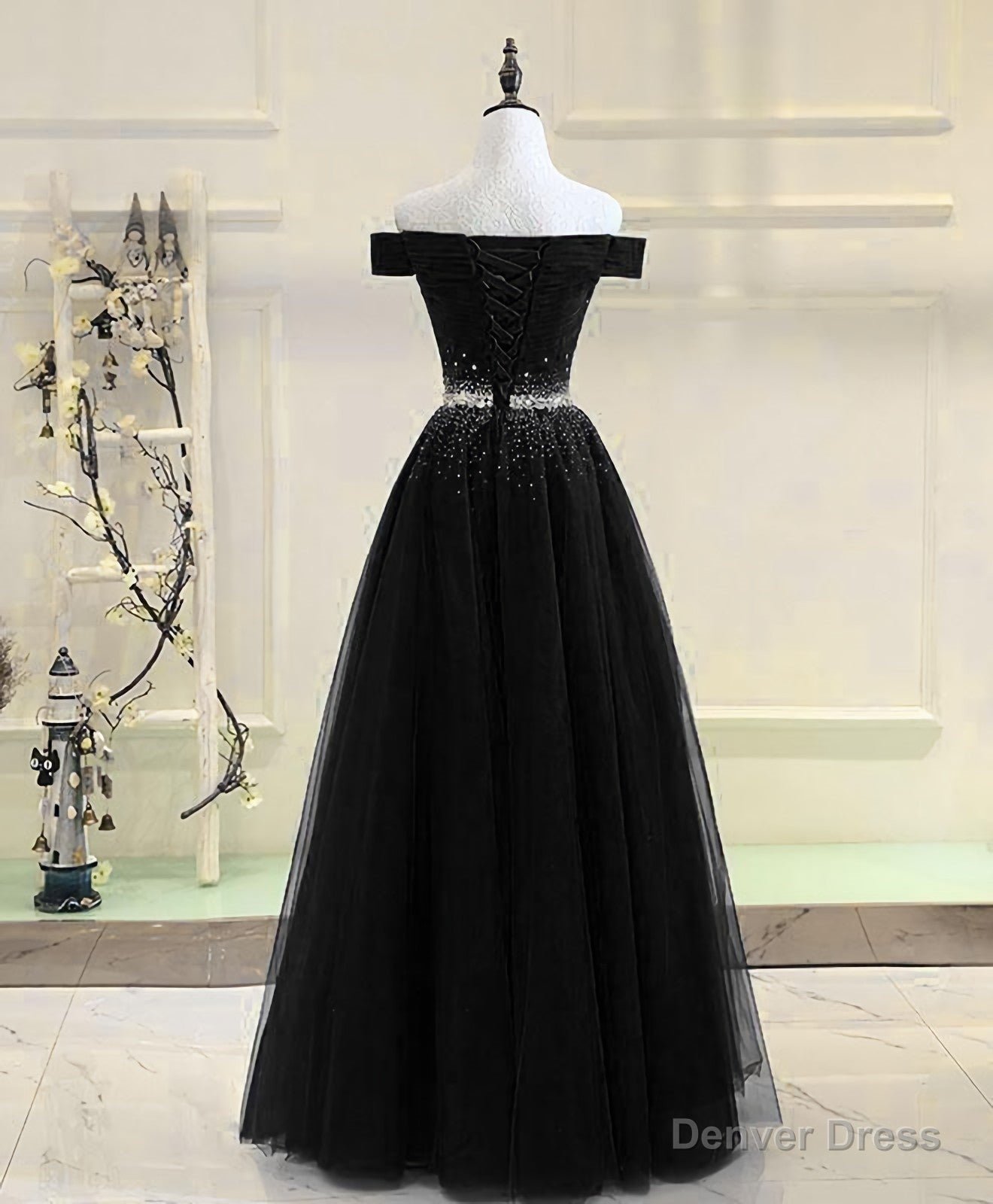 Black Tulle Sequin Long Prom Dress, Black Tulle Prom Dresses