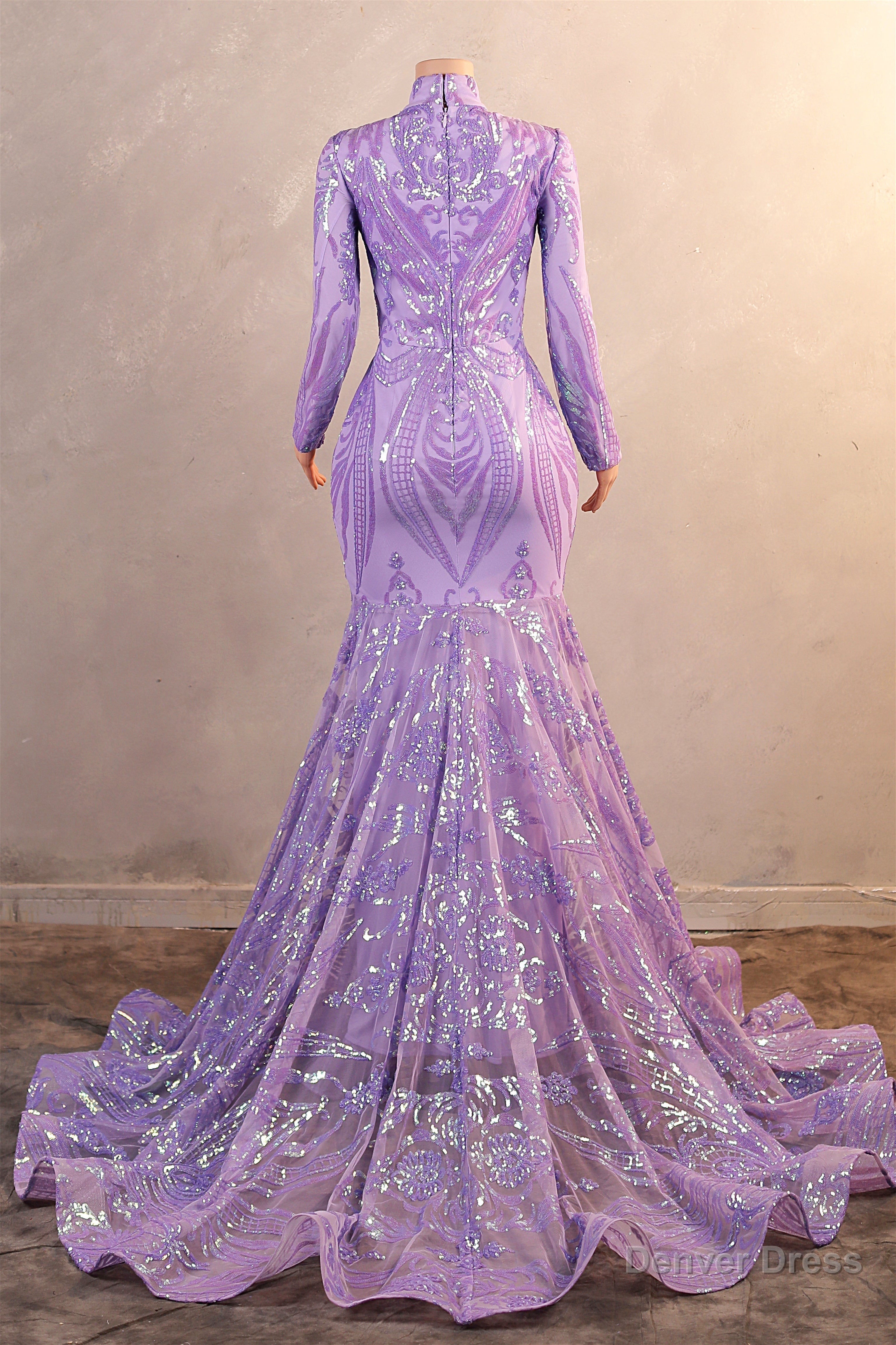 High Neck Long Sleeve Sweep Train Zipper Mermaid Prom Dresses