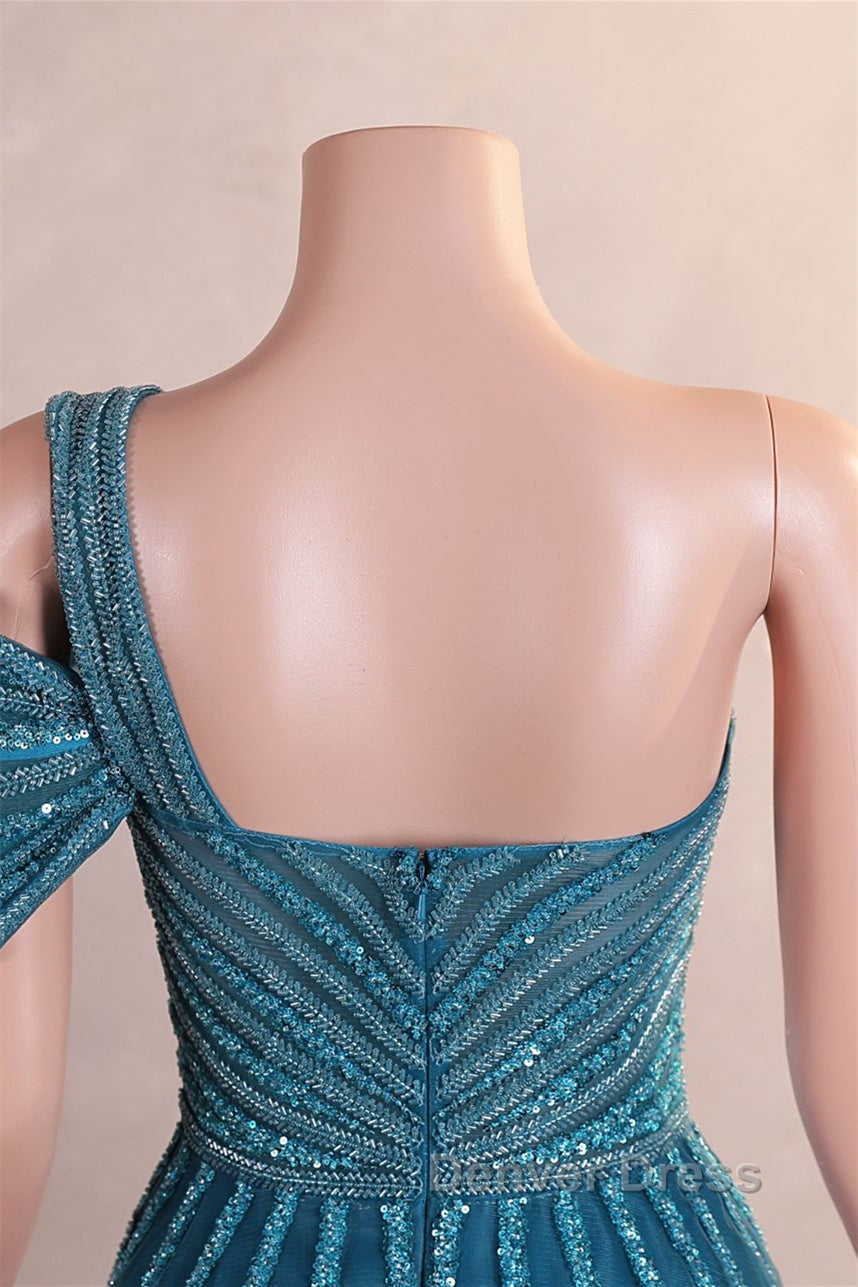 One Shoulder Beading Sweep Train Backless Prom Dresses