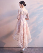 Pink Round Neck Lace Short Prom Dress Pink Homecoming Dress 1