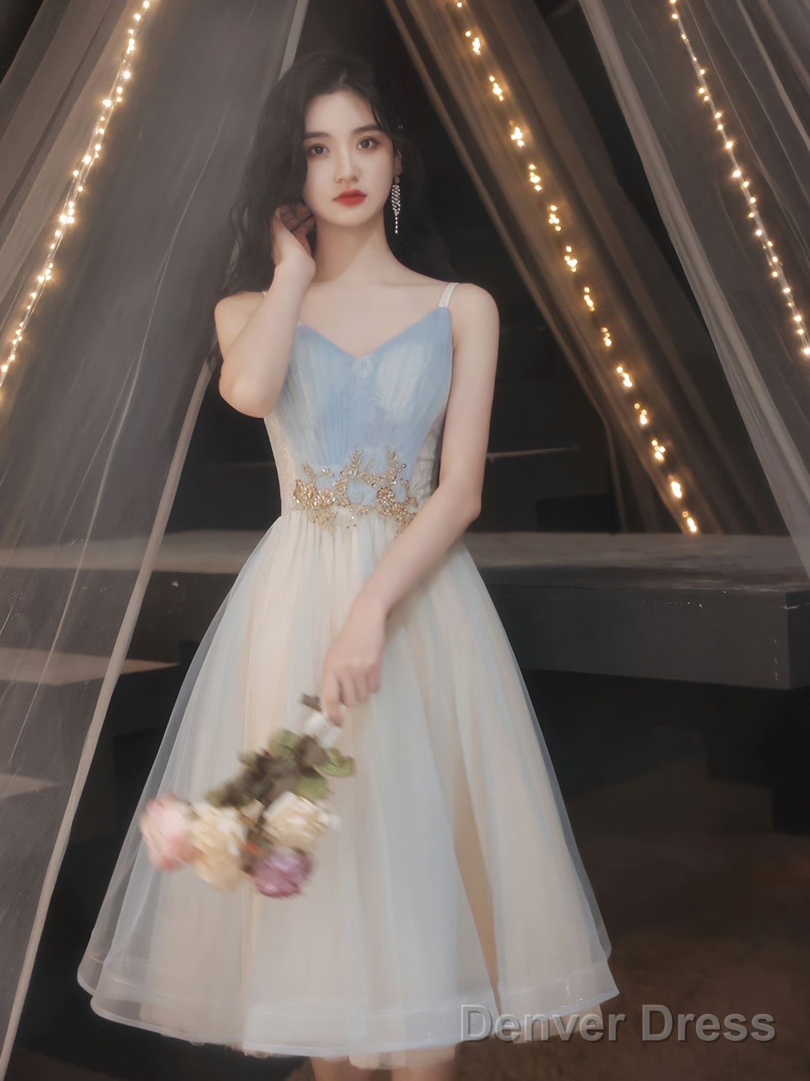 Blue A Line Tulle Lace Short Prom Dress Blue Homecoming Dresses