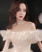 Champagne Tulle Lace Off Shoulder Long Prom Dress Tulle Prom Dresses