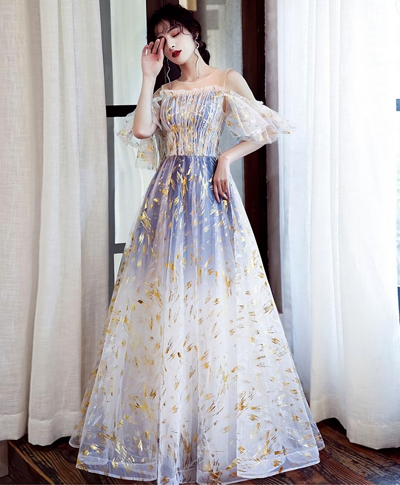 Unique Tulle Off Lace Long Prom Dress Tulle Prom Dresses