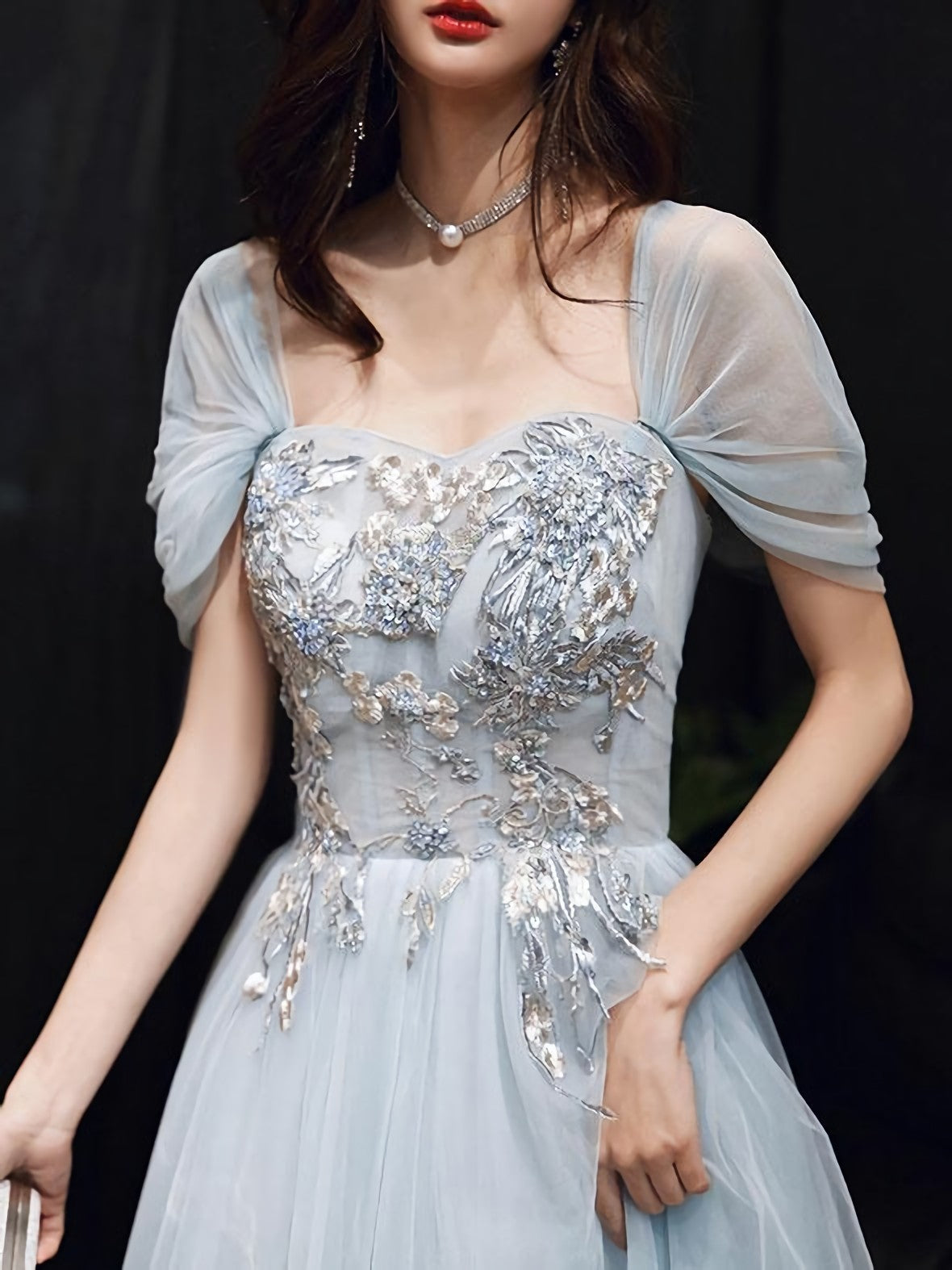 Blue Tulle Off Shoulder Tulle Lace Long Prom Dress Blue Prom Dresses