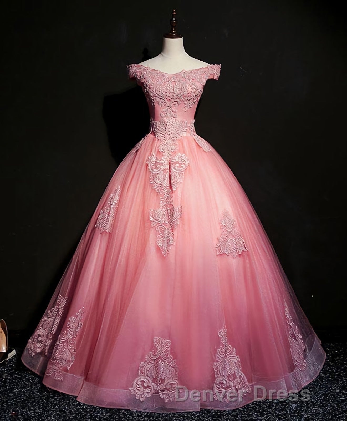 Blue Tulle Lace Off Shoulder Long Prom Dress, Blue Tulle Lace Prom Dresses