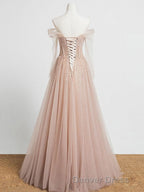 Champagne Pink Tulle Beads Long Prom Dresses, Champagne Evening Dresses