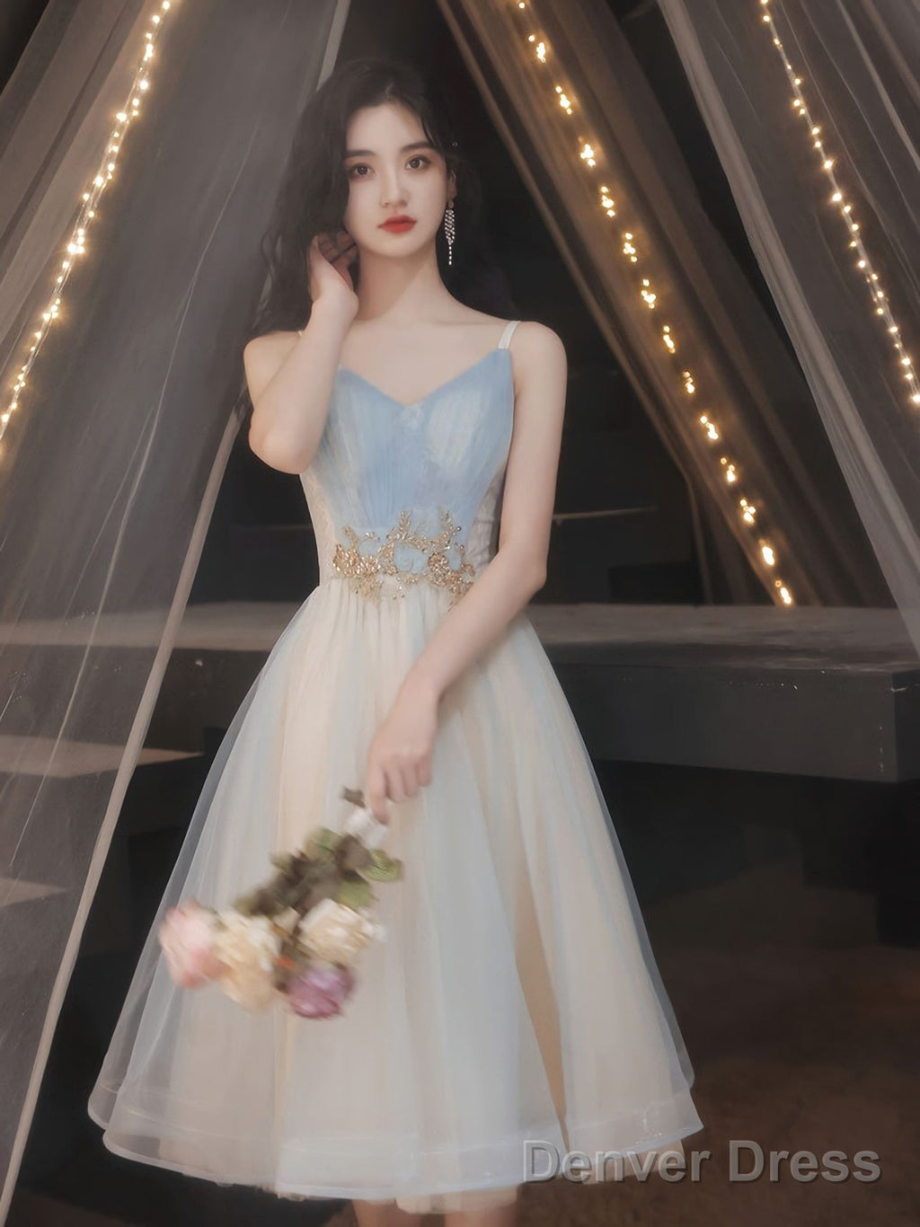 Blue A Line Tulle Lace Short Prom Dress Blue Homecoming Dresses