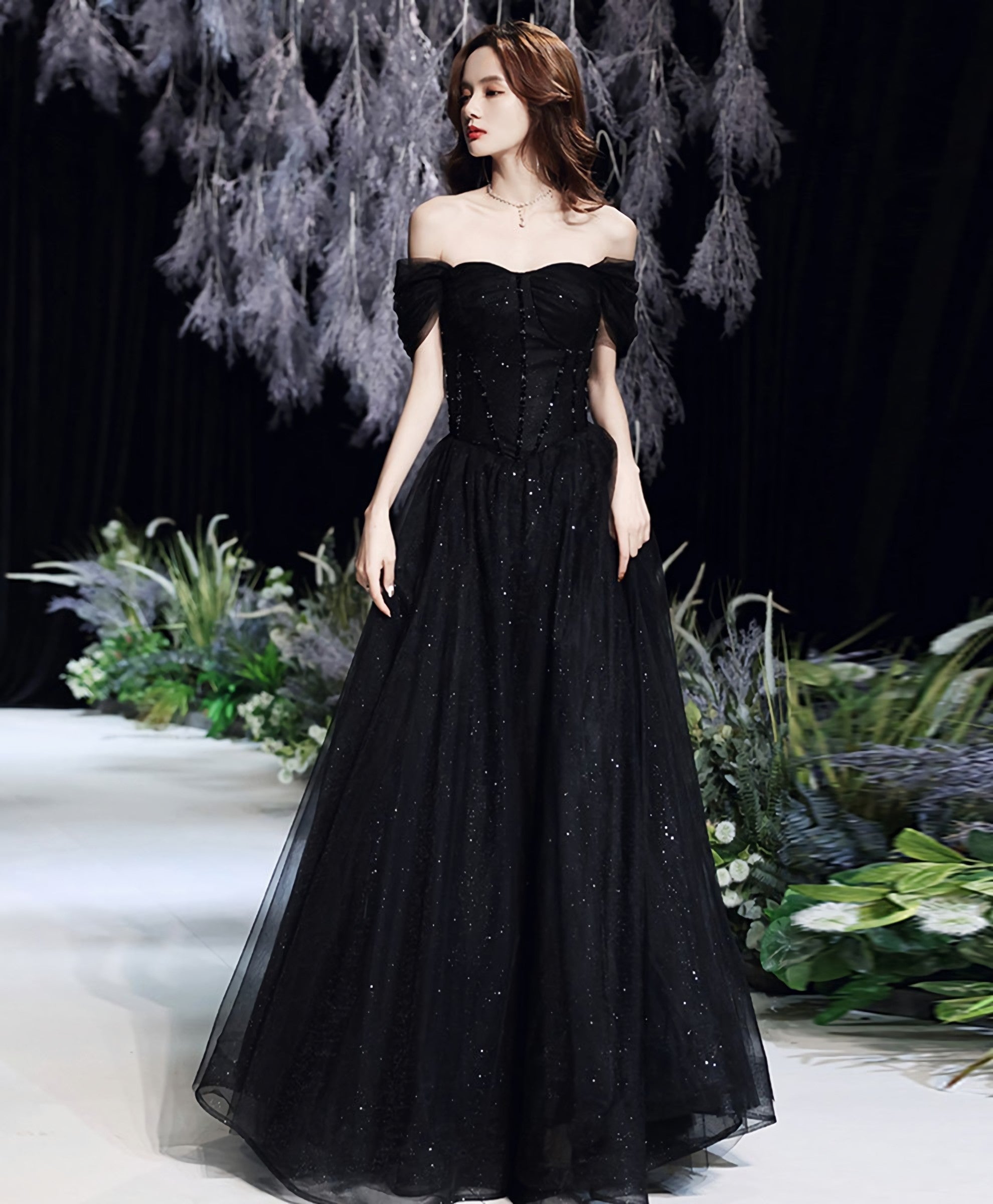 Black Tulle Lace Off Shoulder Long Prom Dress Black Prom Dresses